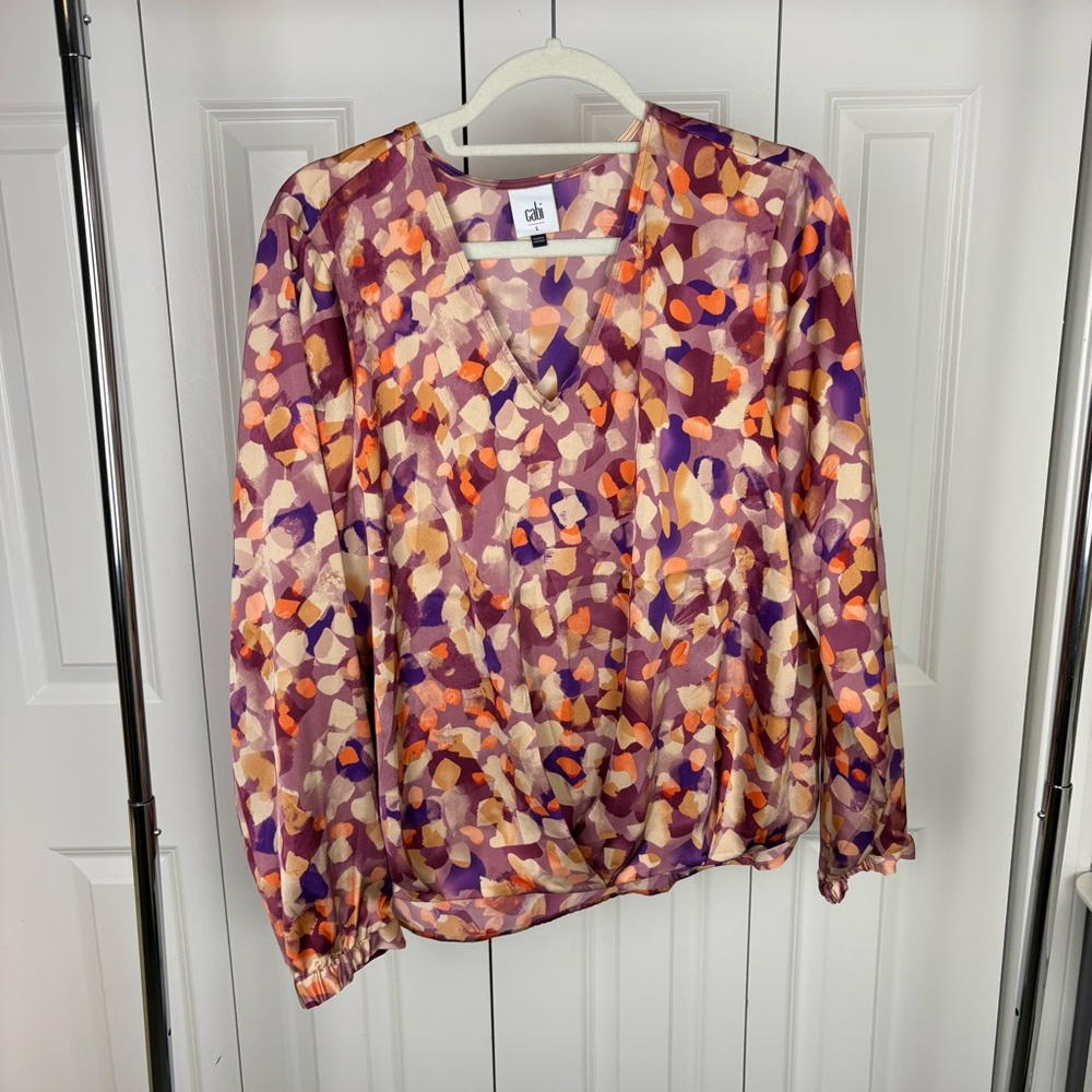 CAbi #4718 Tuck Top Women's Abstract Purple and Orange Blouse
